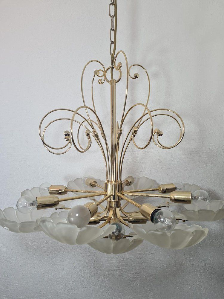 photo furniture Frosted Glass And Brass Chandelier From Deknudt, Belgium, 1970s