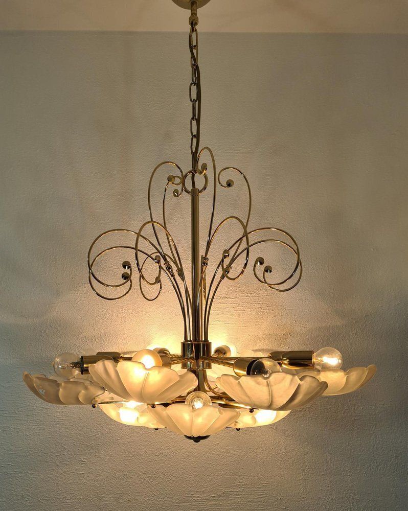 Lighting Frosted Glass And Brass Chandelier From Deknudt, Belgium, 1970s photo