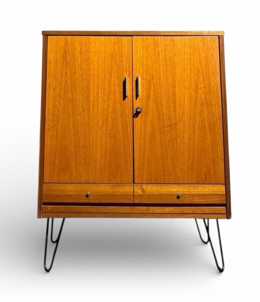 Teak And Steel Drinks Cabinet Cocktail Cabinet Mid Century Hair Pin Legs C1970s photo Furniture