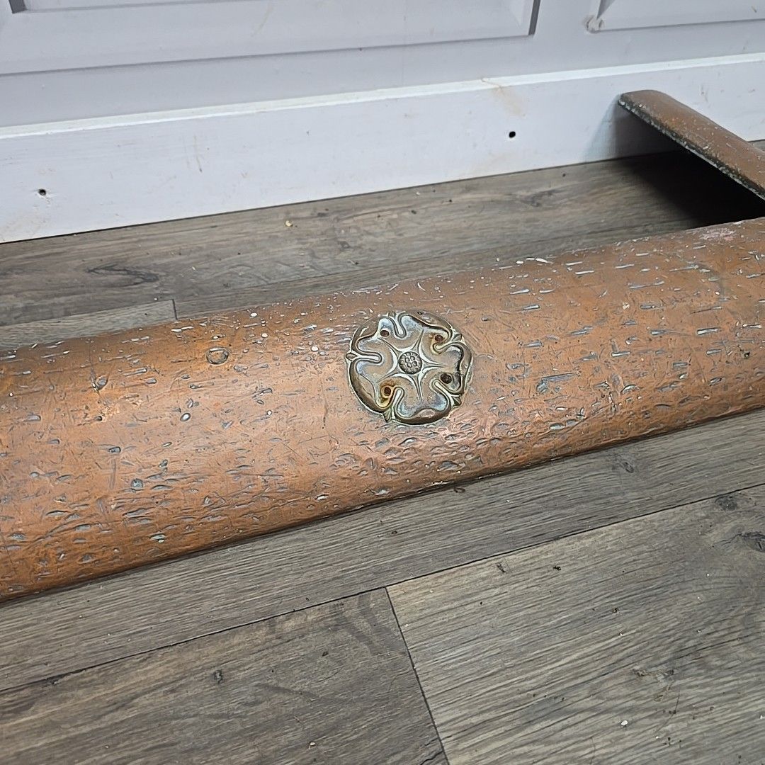 Antique Copper Fire Fender Arts & Crafts Hearth Kerb Rosette Decoration photo vinterior