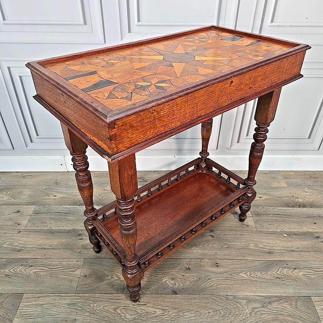 Antique Marquetry Side Table Continental Inlaid Oak – Turned Legs Victorian