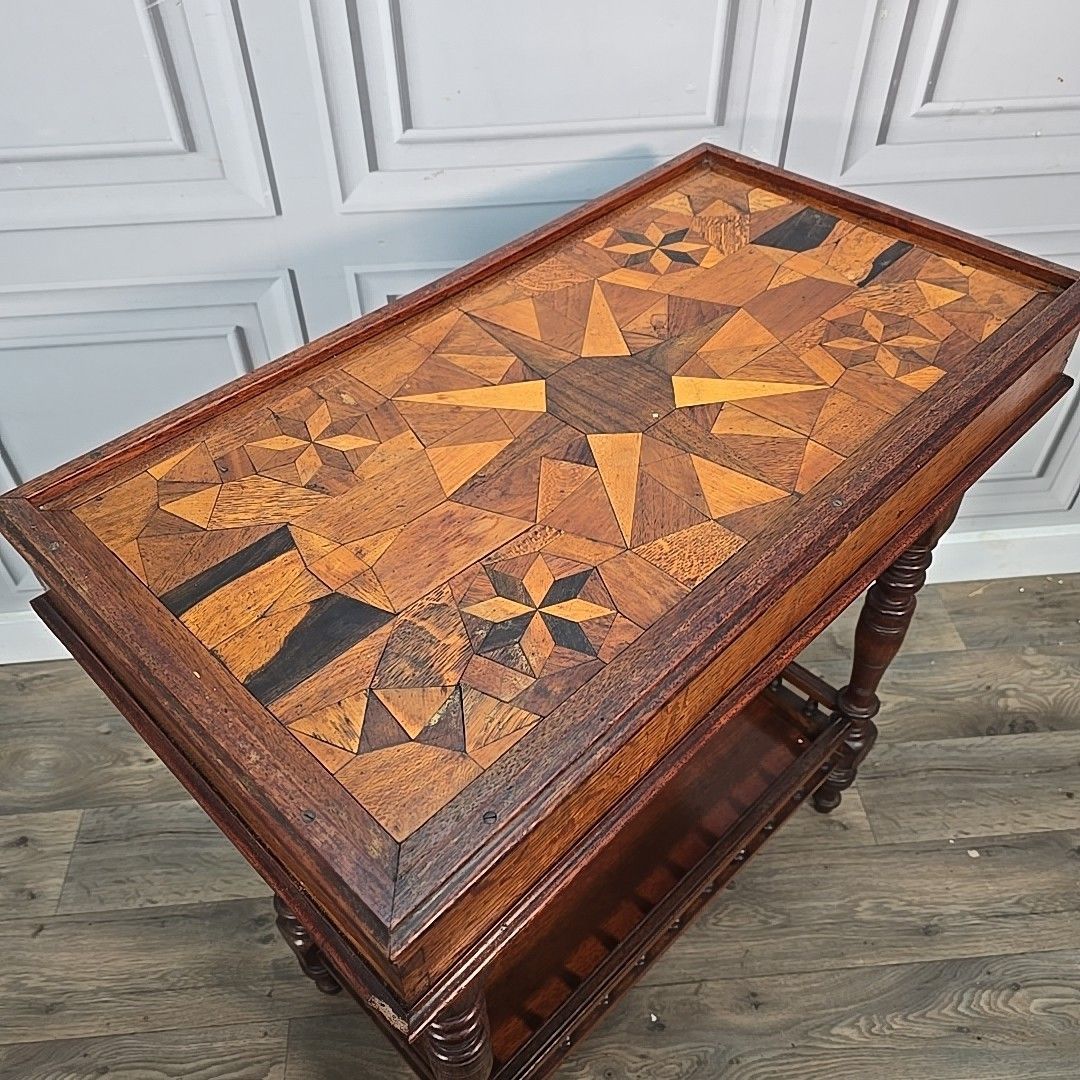 Antique Marquetry Side Table Continental Inlaid Oak – Turned Legs Victorian photo for sale