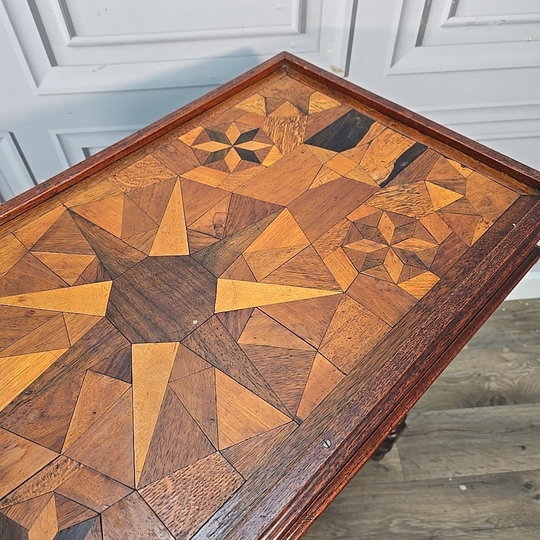 Antique Marquetry Side Table Continental Inlaid Oak – Turned Legs Victorian photo vinterior