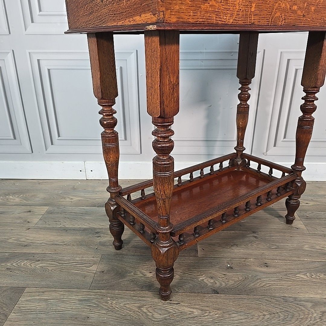 Antique Marquetry Side Table Continental Inlaid Oak – Turned Legs Victorian photo vintage