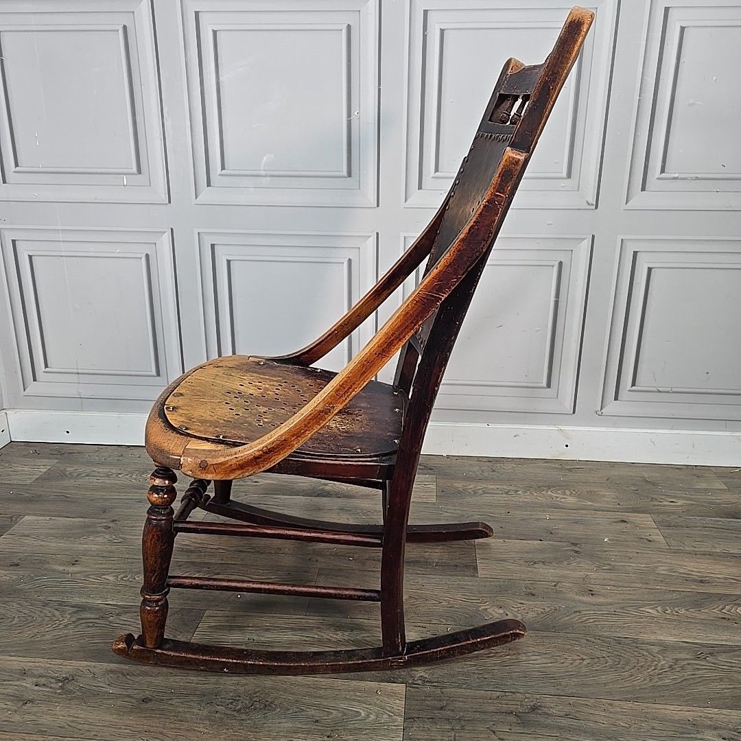 photo for sale Antique Wooden Rocking Chair – Perforated Seat & Back Victorian / Arts & Crafts