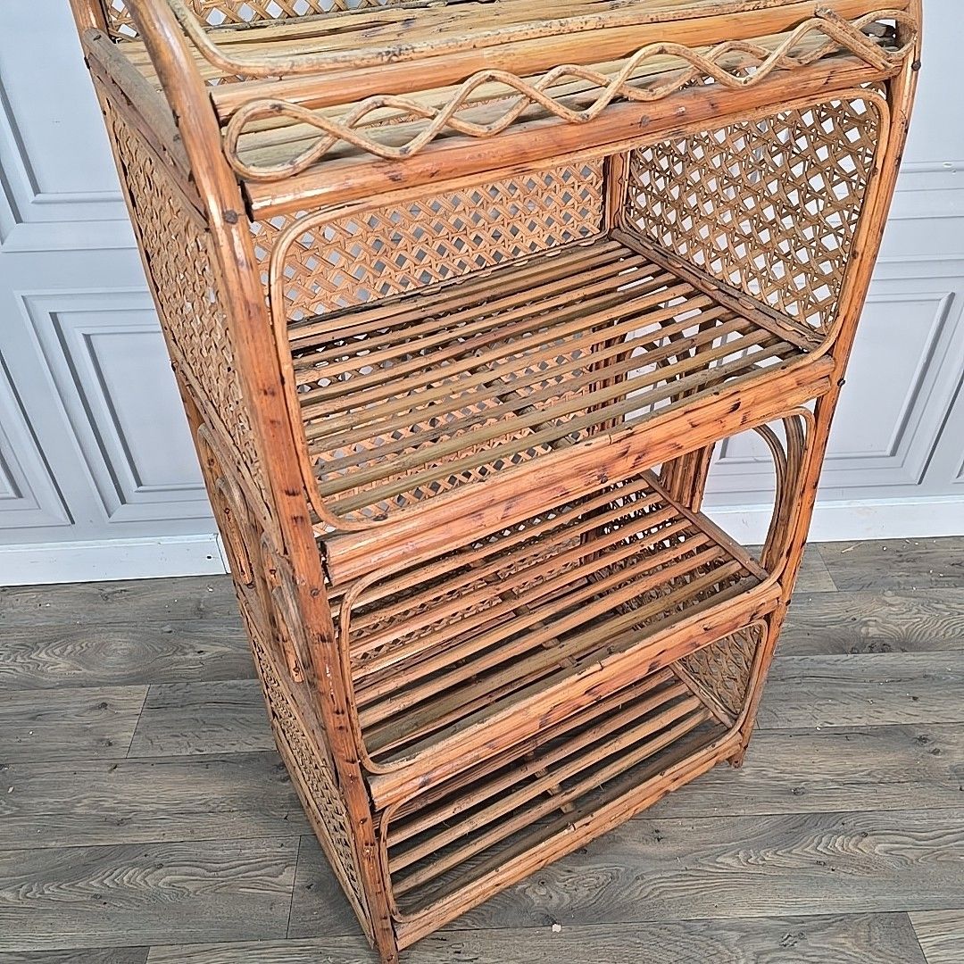 Retro Vintage Bookcase Rattan & Wicker Shelving Unit – Boho Cane Mid Century Mcm photo Furniture