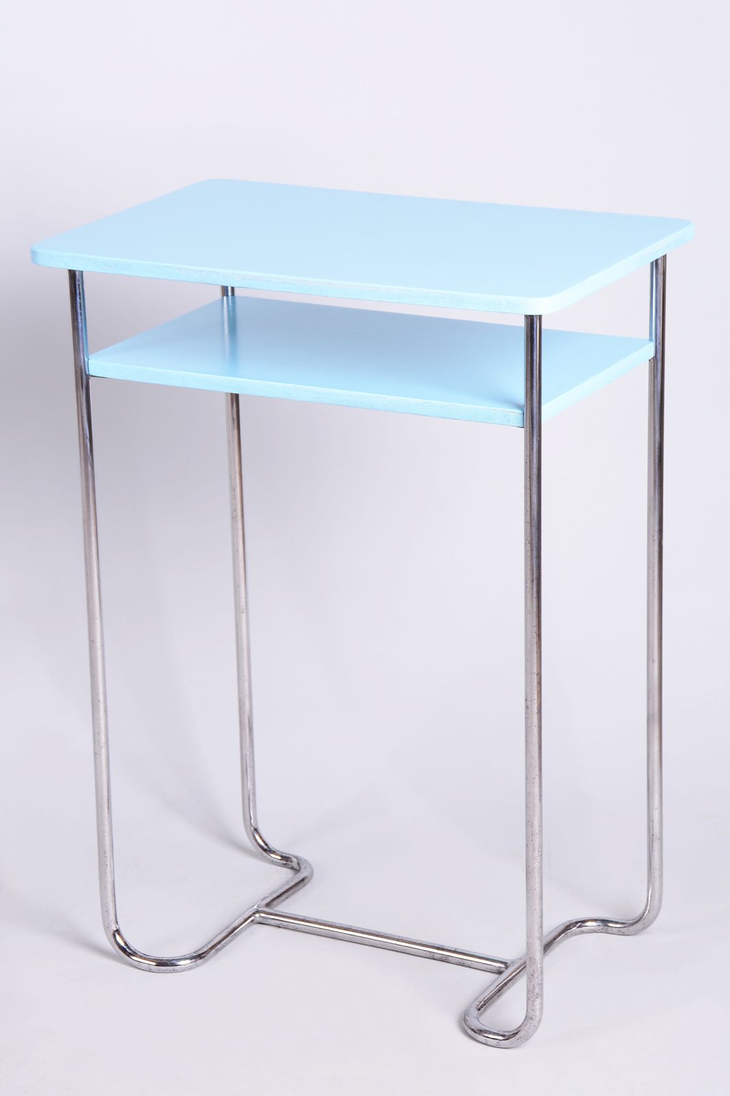 Restored Bauhaus Side Table, By Mücke Melder, Wood, Chrome, Czech, 1930s