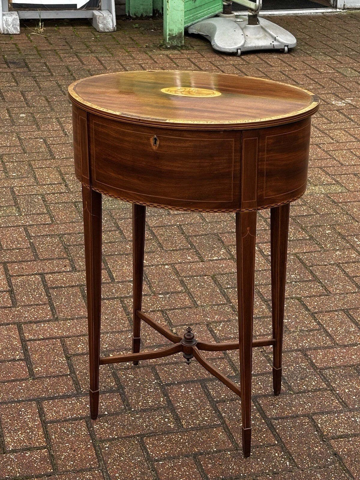 Sheraton Revival Inlaid Satinwood Side Table, Lamp Table, Work Box, On Castors. photo for sale