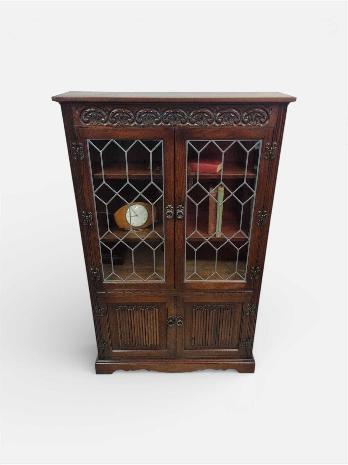 Vintage Old Charm Wood Bros / Oak Bookcase / Leaded Glass Doors / C1970 photo vintage