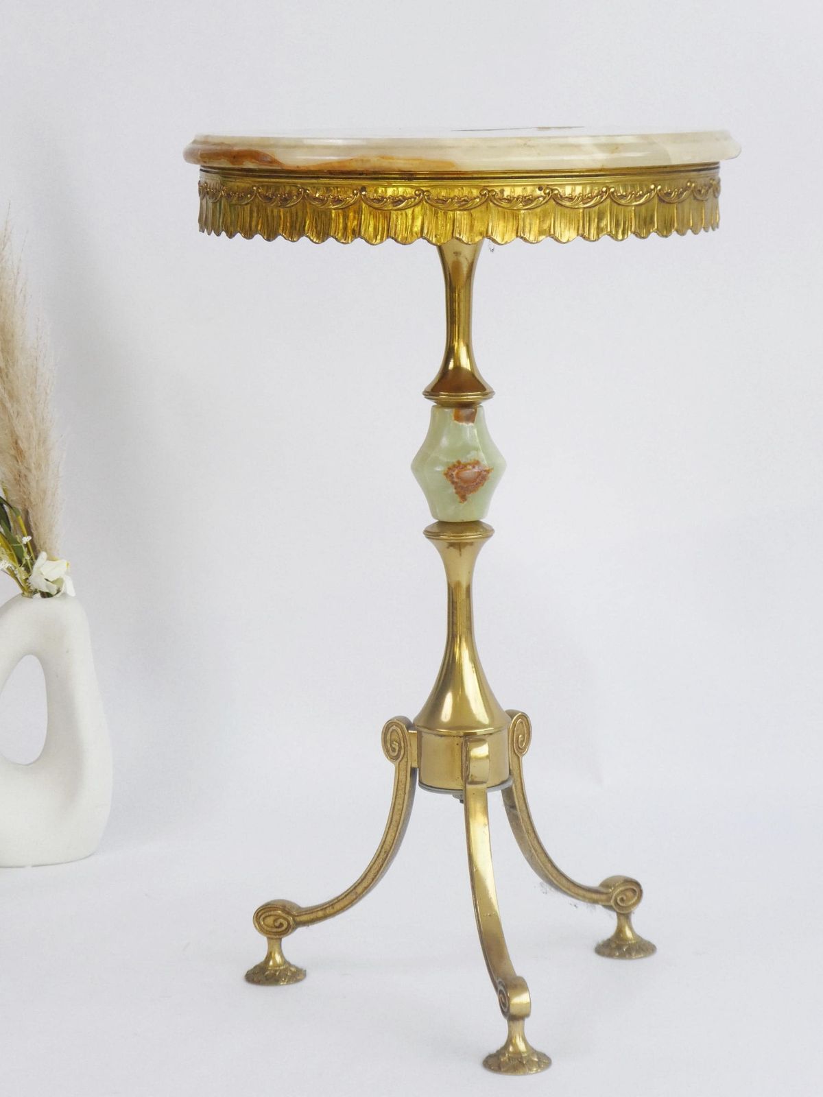 Antique Marble Tripod Table With Brass Legs, Ornate Onyx Plant Stand, Pedestal With Round Top photo Furniture