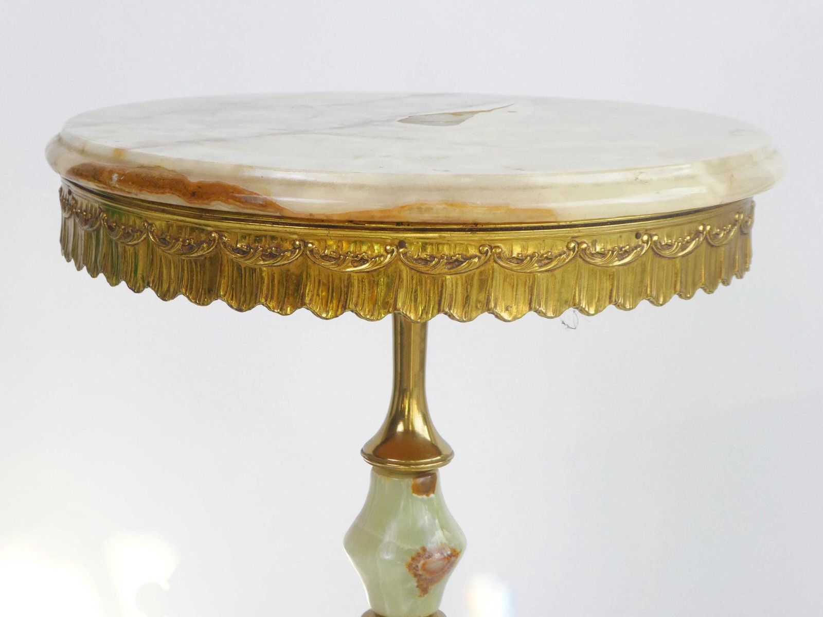 Antique Marble Tripod Table With Brass Legs, Ornate Onyx Plant Stand, Pedestal With Round Top photo vinterior