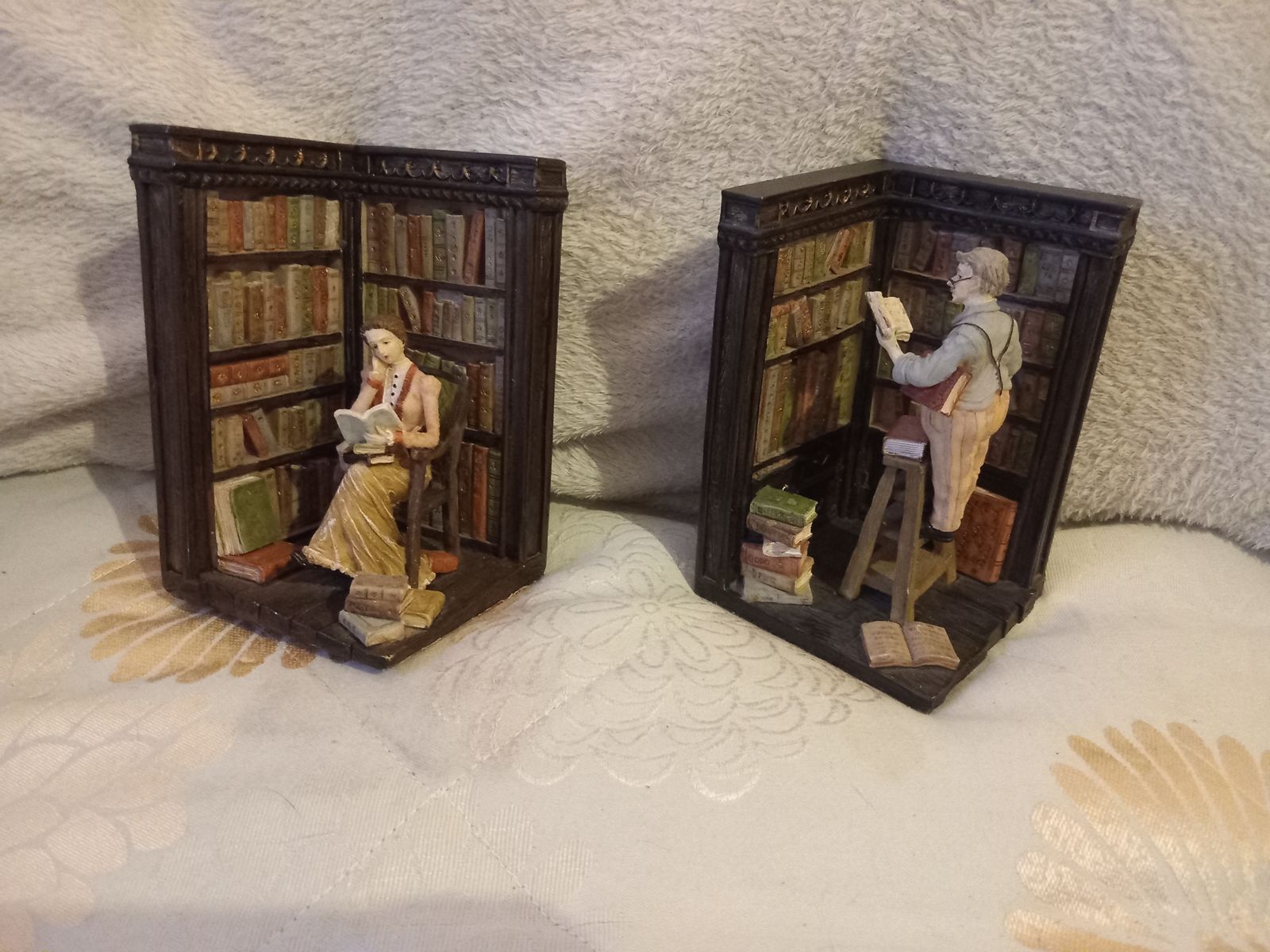 Library Themed Bookends. Male & Female Sculpture U.K 1970s