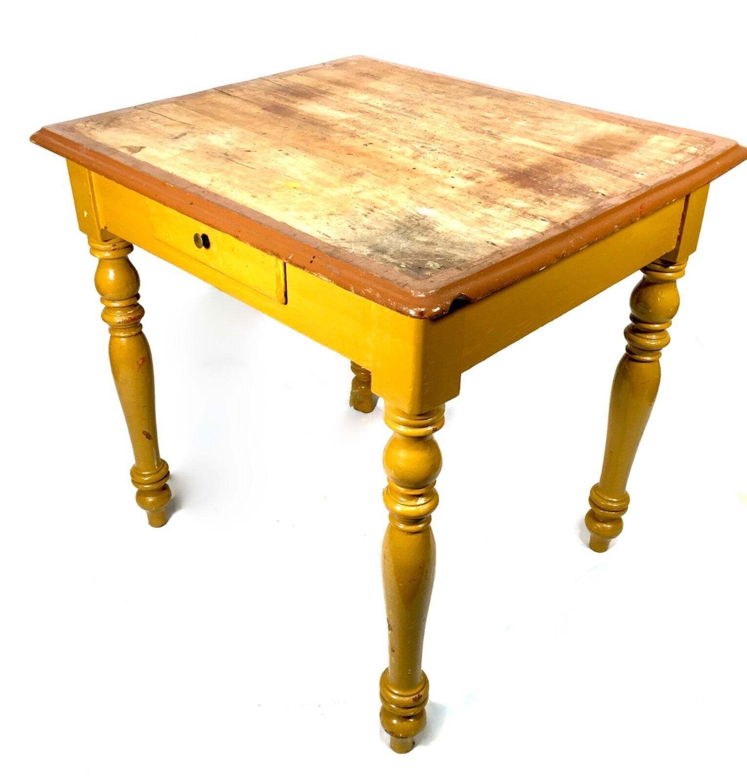Antique Pine Wooden French Small Table With Drawer / Yellow Painted Turned Legs photo for sale