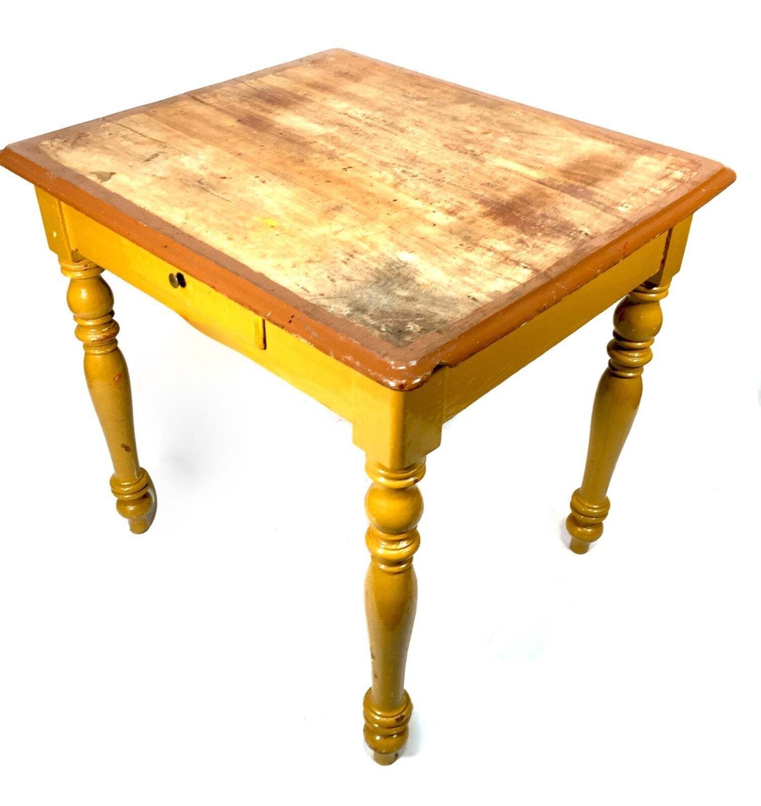 Antique Pine Wooden French Small Table With Drawer / Yellow Painted Turned Legs photo vintage