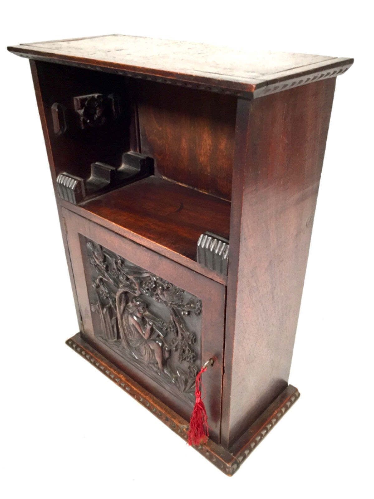 Antique 1920s Wooden Hand Carved Smokers Cabinet / Cupboard / Box With Key photo for sale