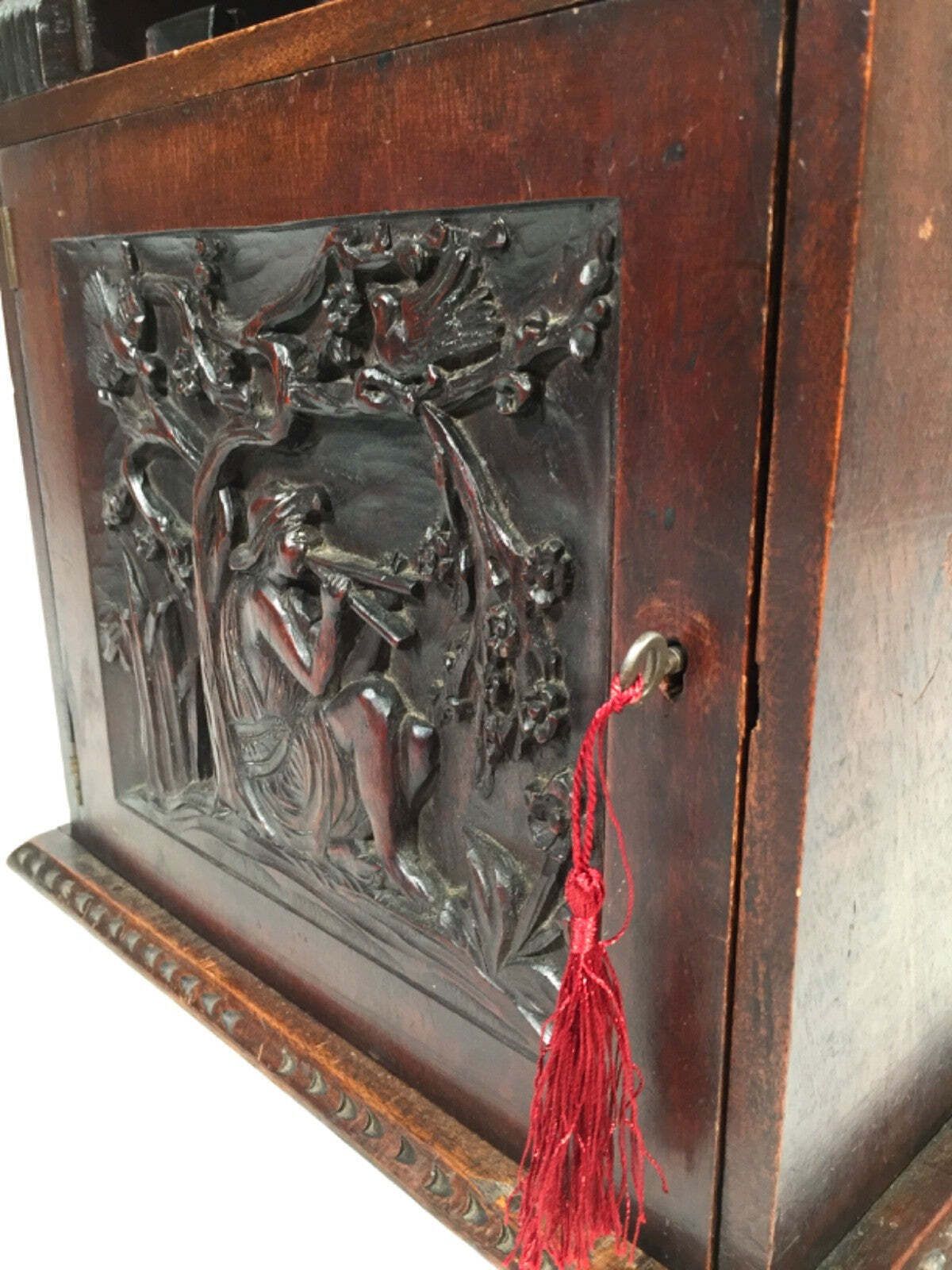 Antique 1920s Wooden Hand Carved Smokers Cabinet / Cupboard / Box With Key photo Furniture