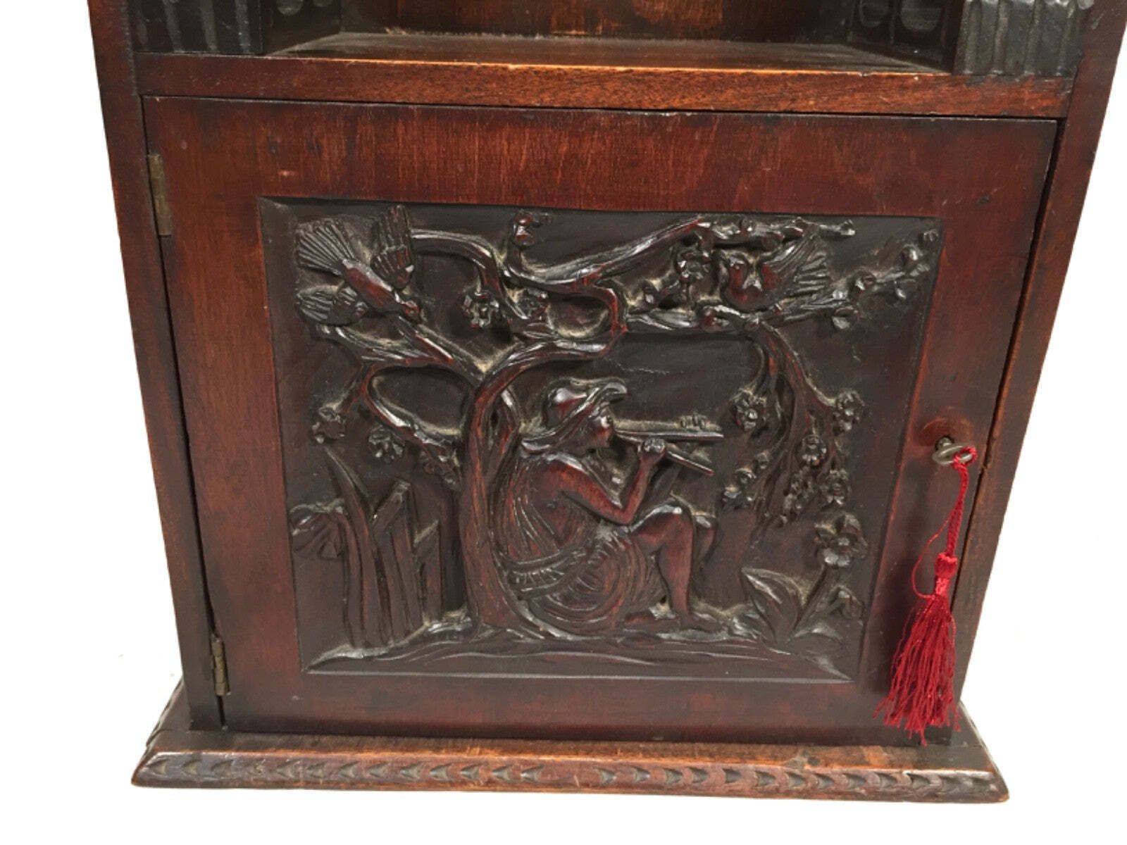 photo for sale Antique 1920s Wooden Hand Carved Smokers Cabinet / Cupboard / Box With Key