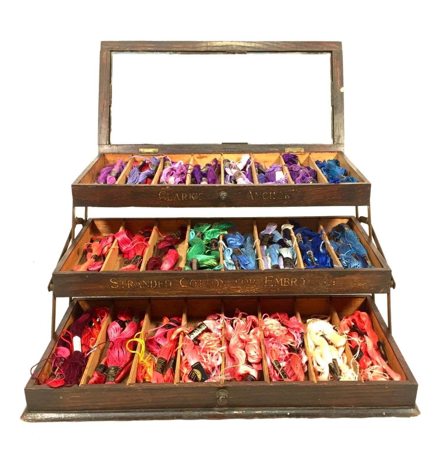 photo vinterior Antique Haberdashery Shop Display Clark's Anchor Cotton Cantilever Sewing Box