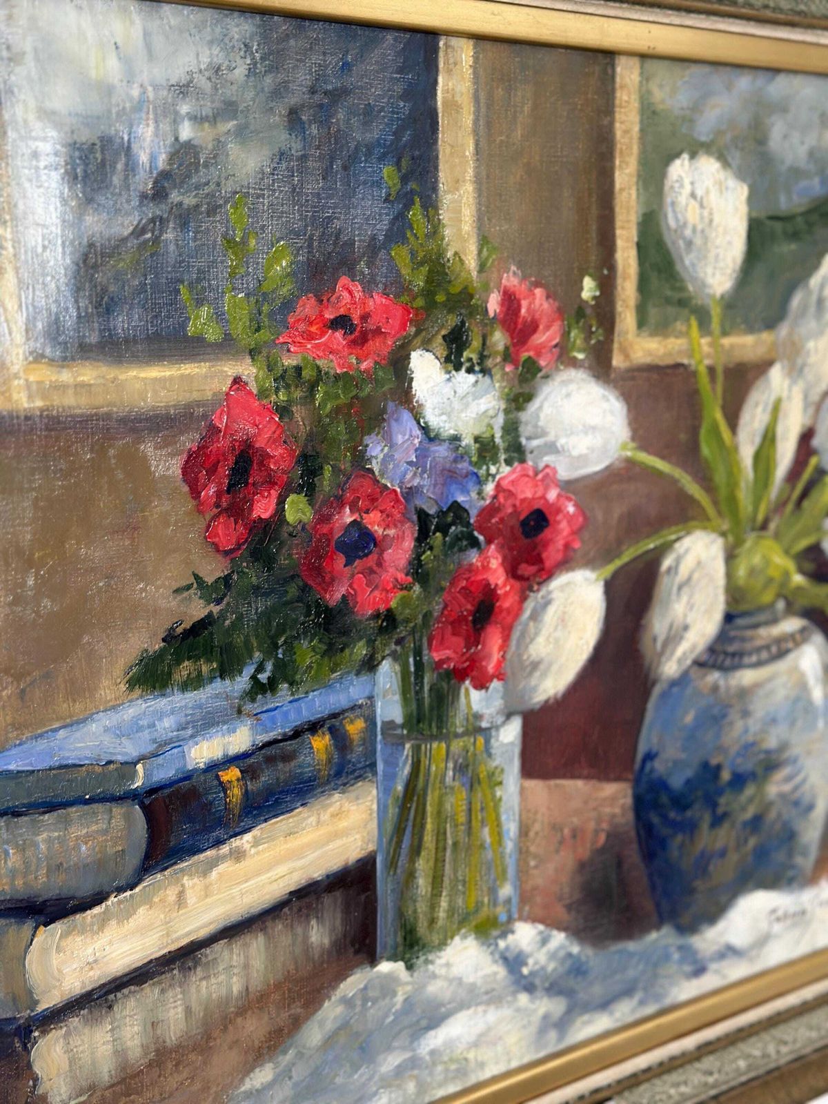 Original Early Century Swedish Oil On Canvas – "Tulips And Poppies" By Johan Jacobsson – Vintage & Framed 68 × 80 Cm (26.8" × 31.5") photo furniture