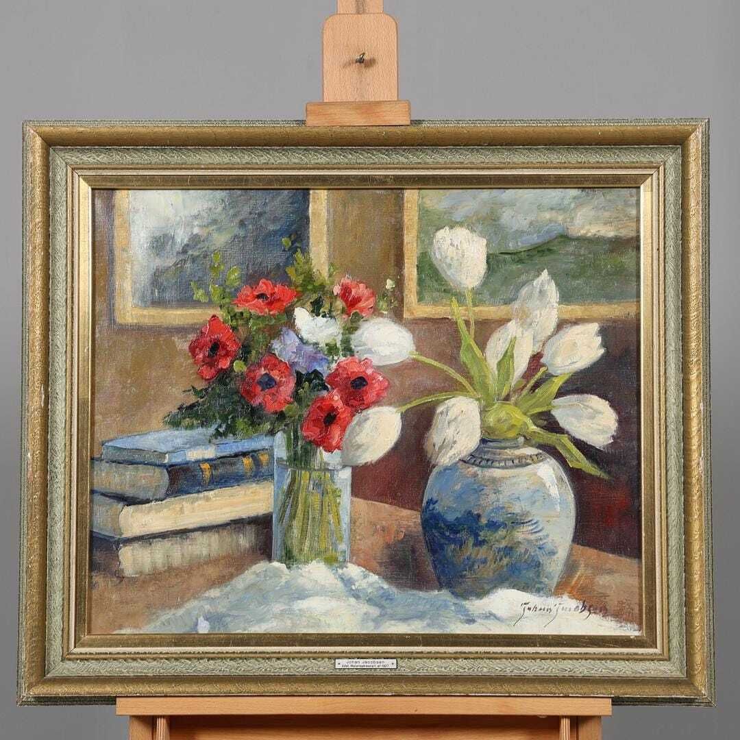 Original Early Century Swedish Oil On Canvas – "Tulips And Poppies" By Johan Jacobsson – Vintage & Framed 68 × 80 Cm (26.8" × 31.5") photo buy