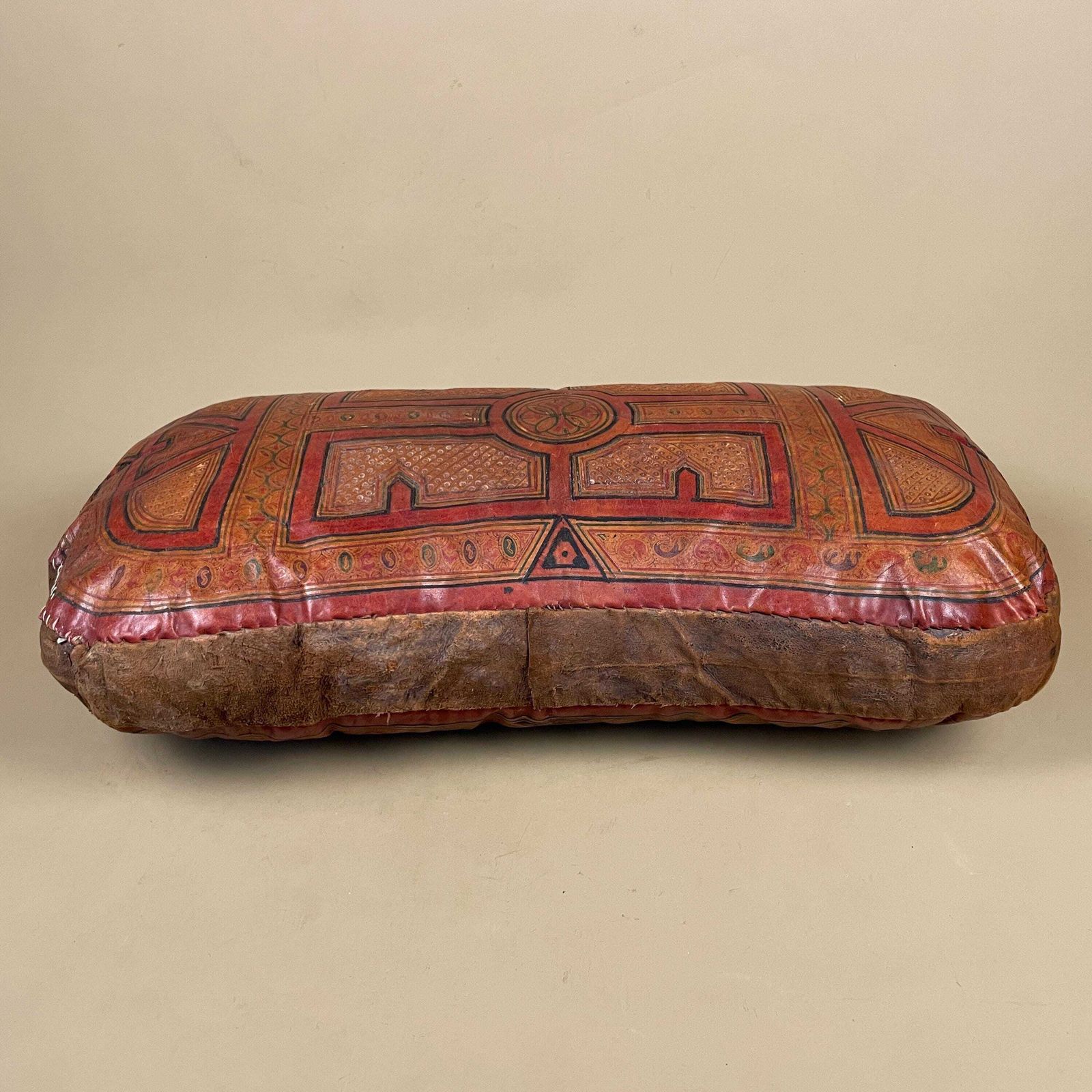 photo for sale Moroccan Leather Cushion Red Hand Tooled Pouf Pillow Vintage Decor Sofa Pillow Boho Ottoman Handmade Brown Geometric Pattern