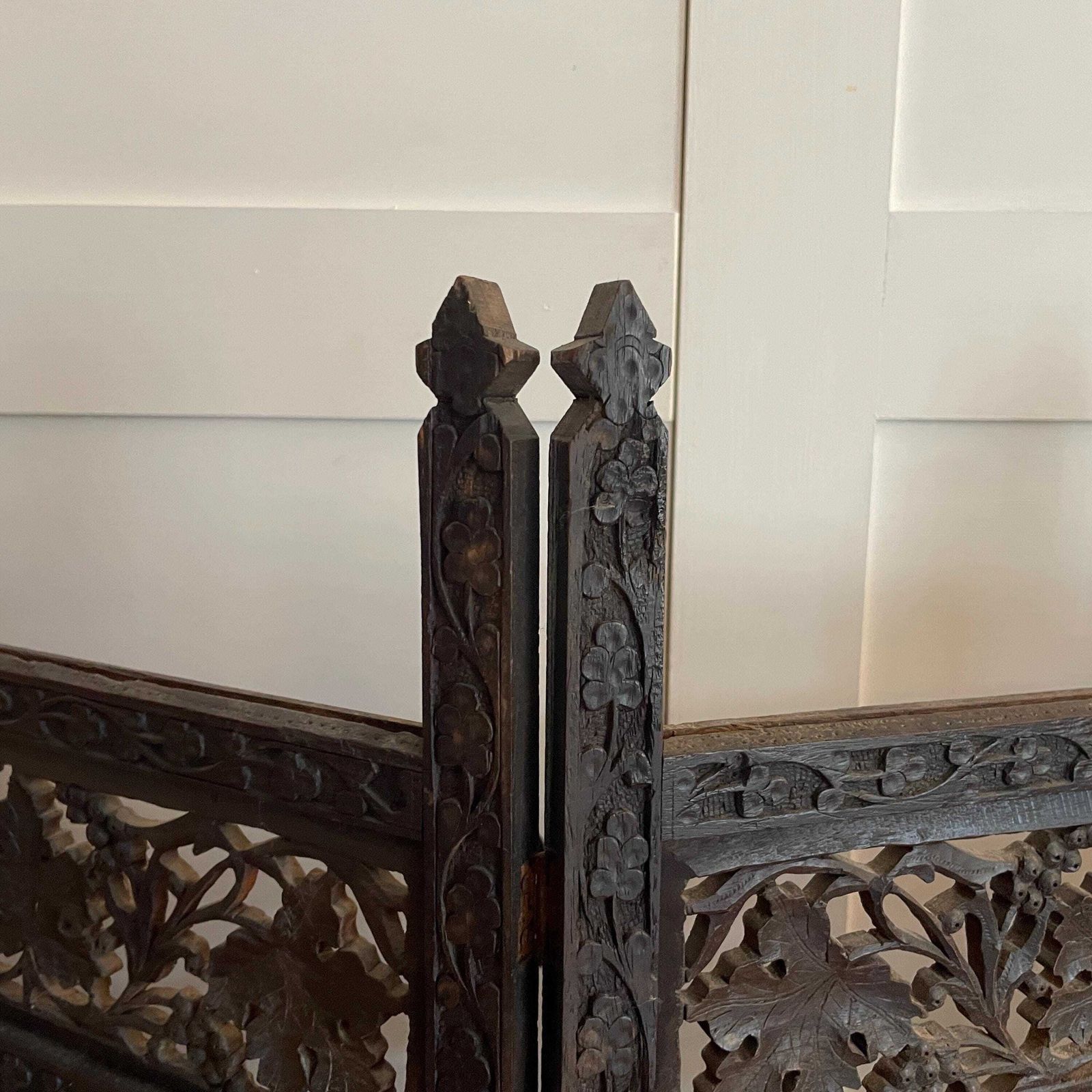 photo for sale Indian Hand Carved Wood Folding Screen Floral Panels Room Divider Antique Wooden Large Intricate C.Late 19th/Earlier 20th Century