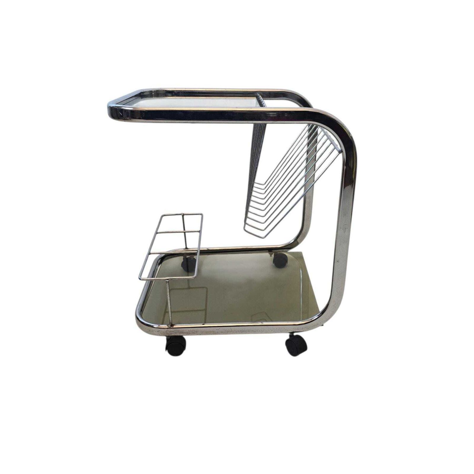 Mid Century Modern Smoky Glass And Chrome Side Table With Magazine Rack, Bar Cart photo vinterior