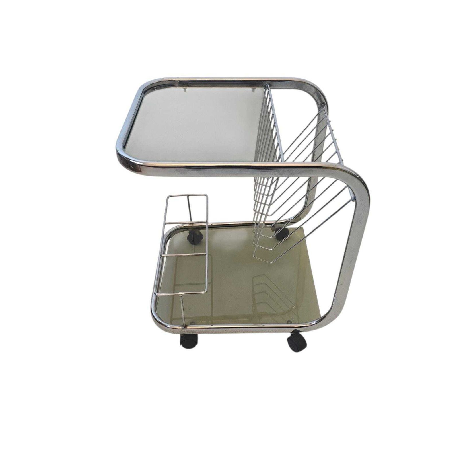 Mid Century Modern Smoky Glass And Chrome Side Table With Magazine Rack, Bar Cart photo buy