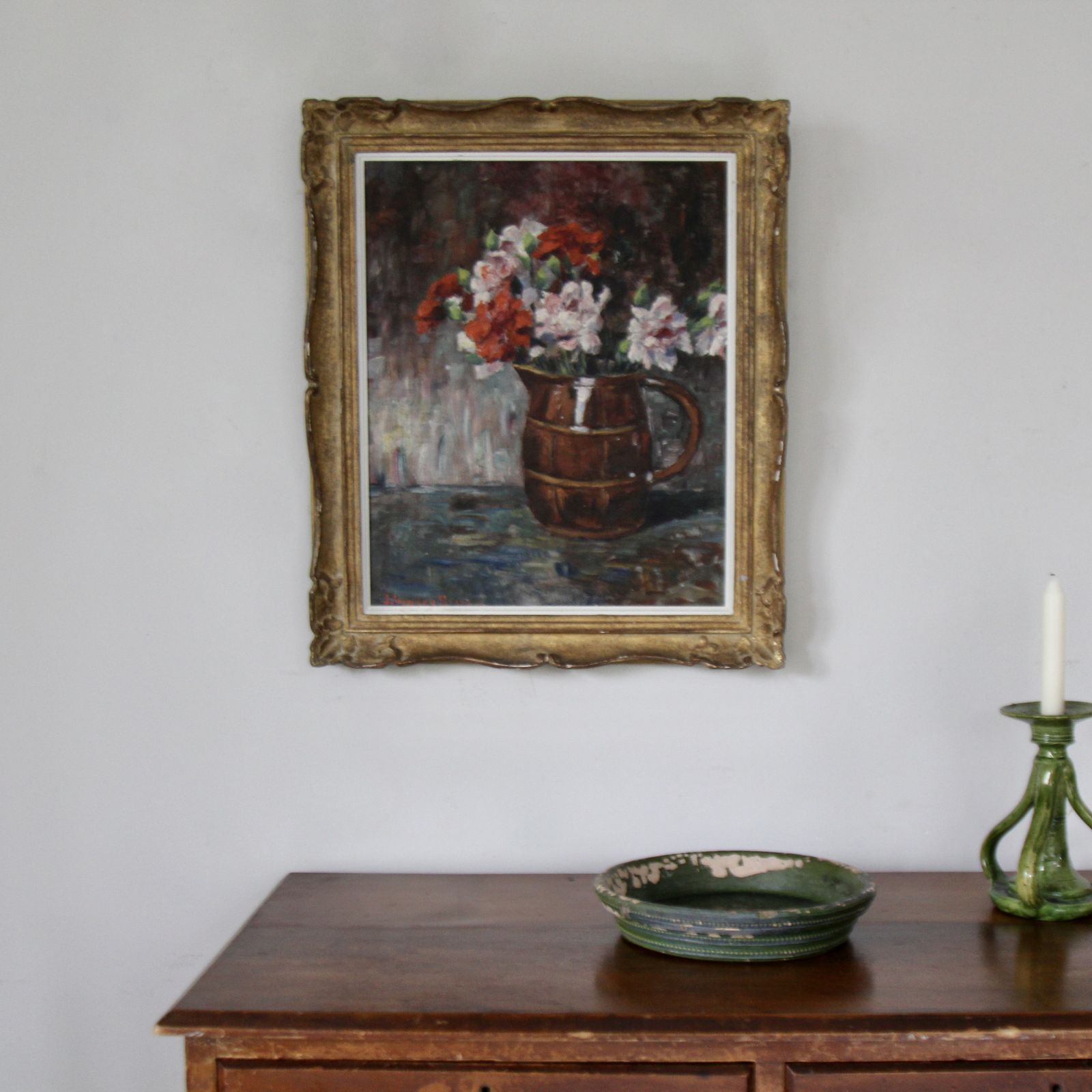 Framed Antique French Floral Painting, Oil On Canvas photo furniture
