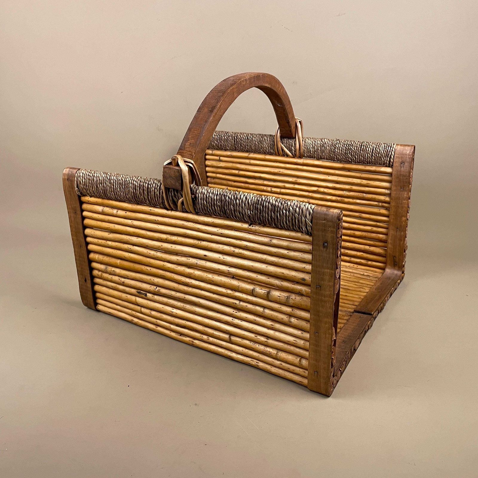 Rectangle Log Basket Woven Wicker Vintage Storage Cottage Farmhouse Decor Handle Wooden Bamboo Brown Beige Retro Display photo Home Decor