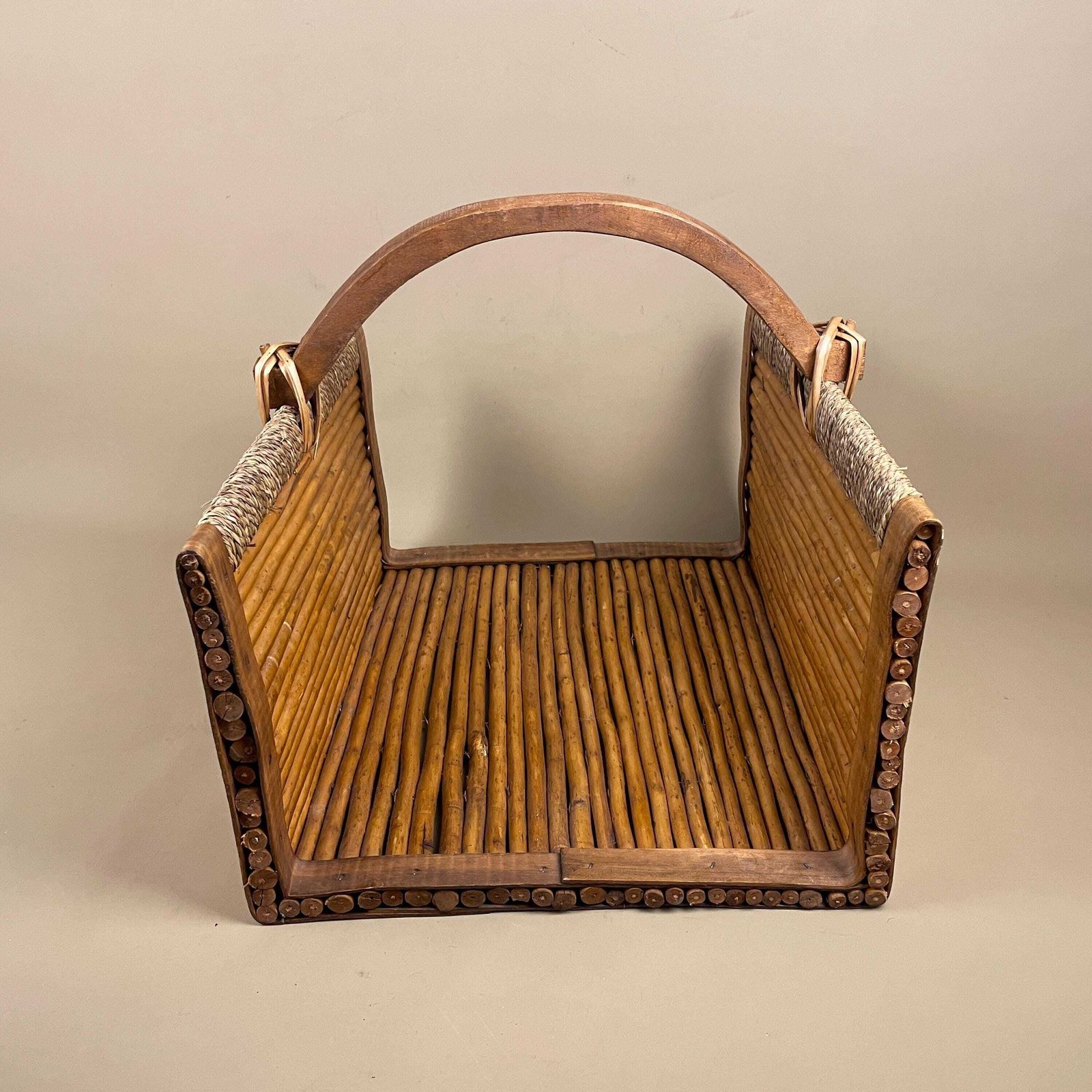 photo for sale Rectangle Log Basket Woven Wicker Vintage Storage Cottage Farmhouse Decor Handle Wooden Bamboo Brown Beige Retro Display