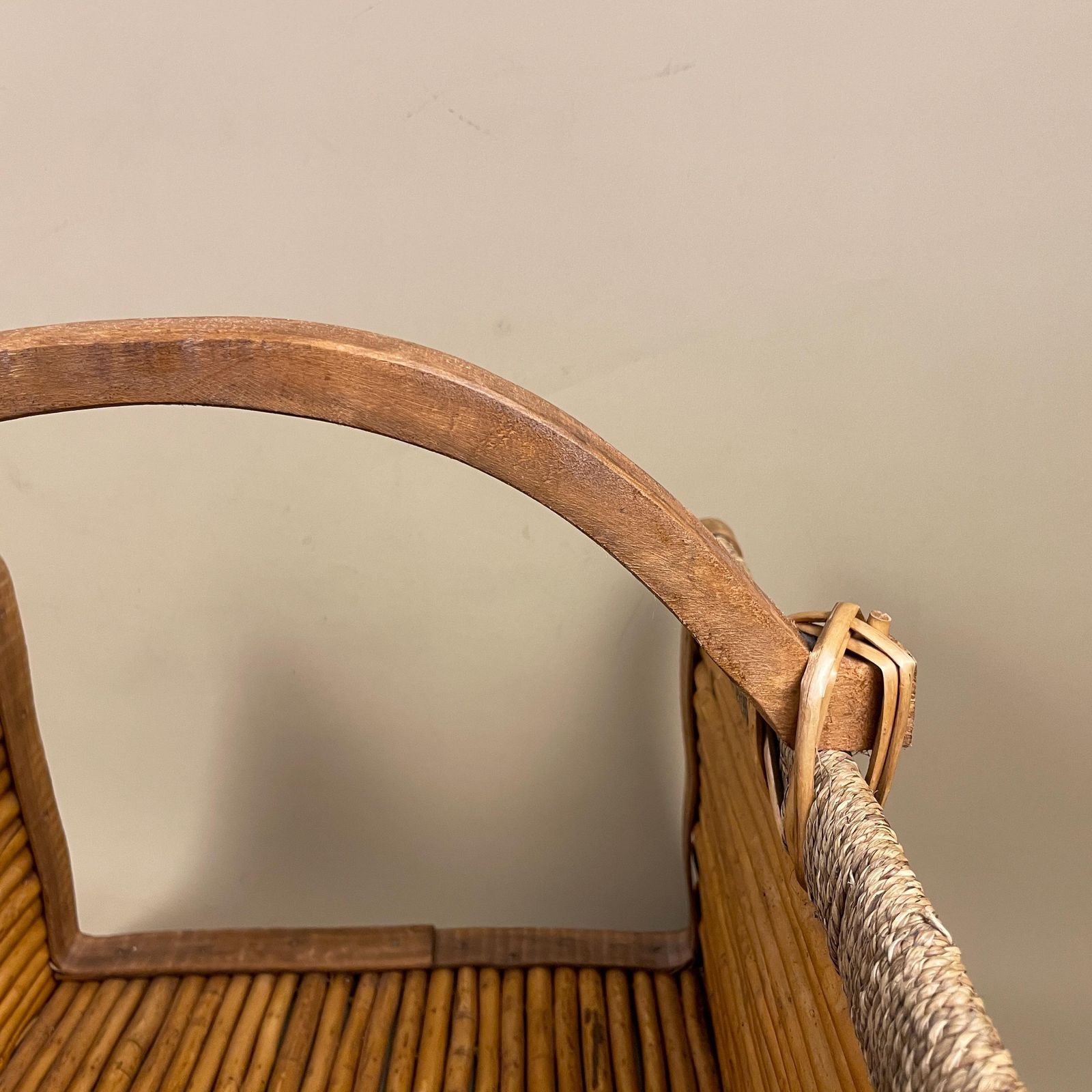 Home Decor Rectangle Log Basket Woven Wicker Vintage Storage Cottage Farmhouse Decor Handle Wooden Bamboo Brown Beige Retro Display photo