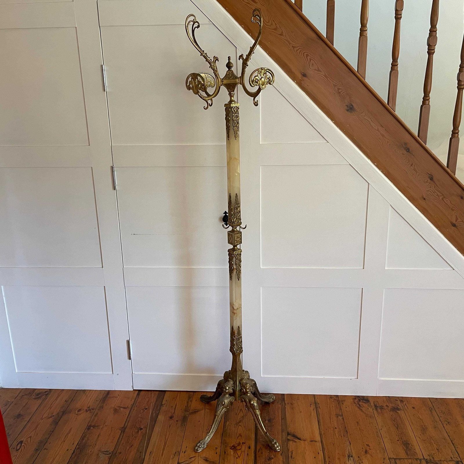 Italian Hollywood Regency Style Hall Tree Stand Standing Coat Hat Rack Marble Onyx Brass Entryway Decor Mid Century C.1960s