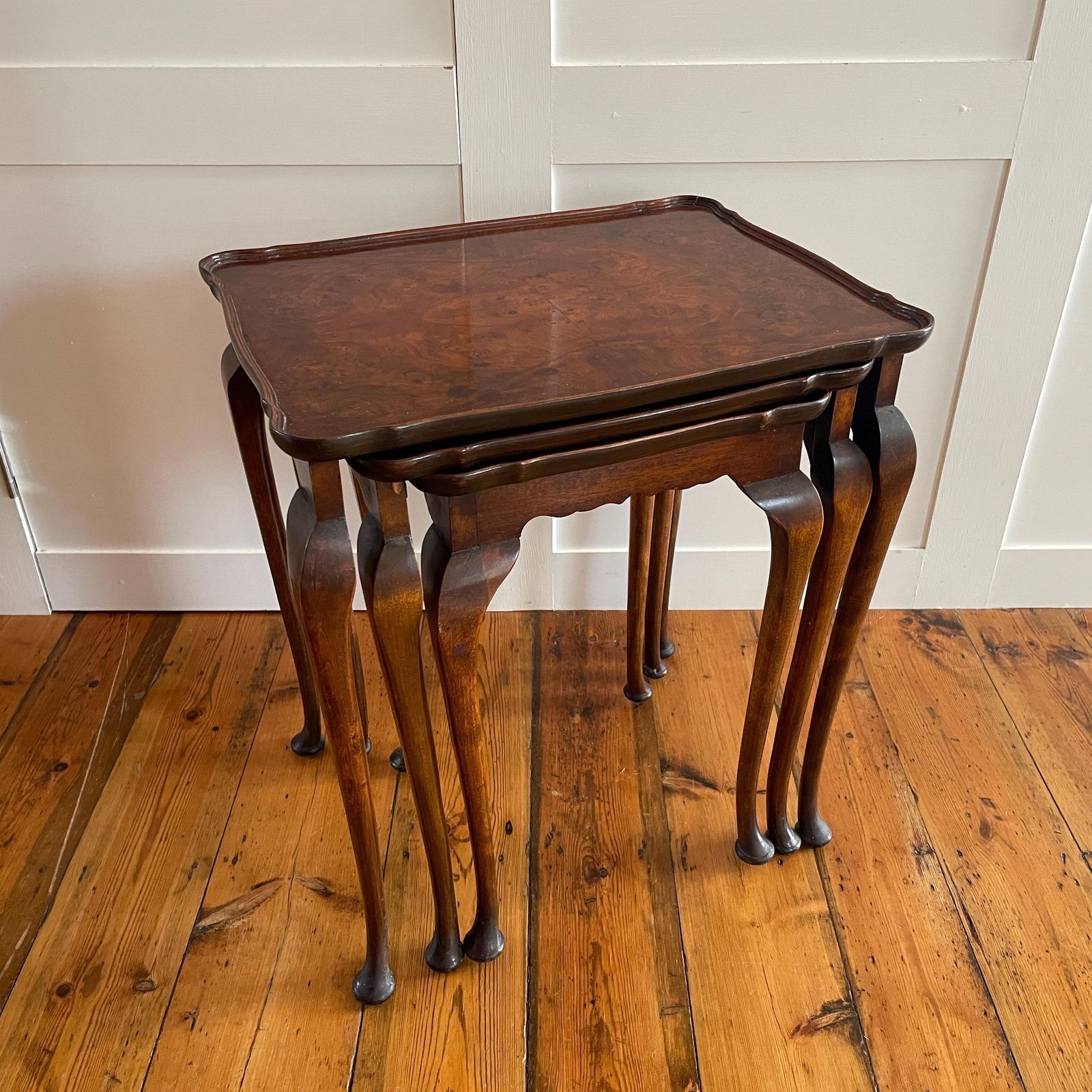 Antique Wooden Tables Nesting 3 Wood Ornate Carved Nest Burr Walnut Art Deco Plant Stands Table End Side Serpentine Vintage Set photo furniture