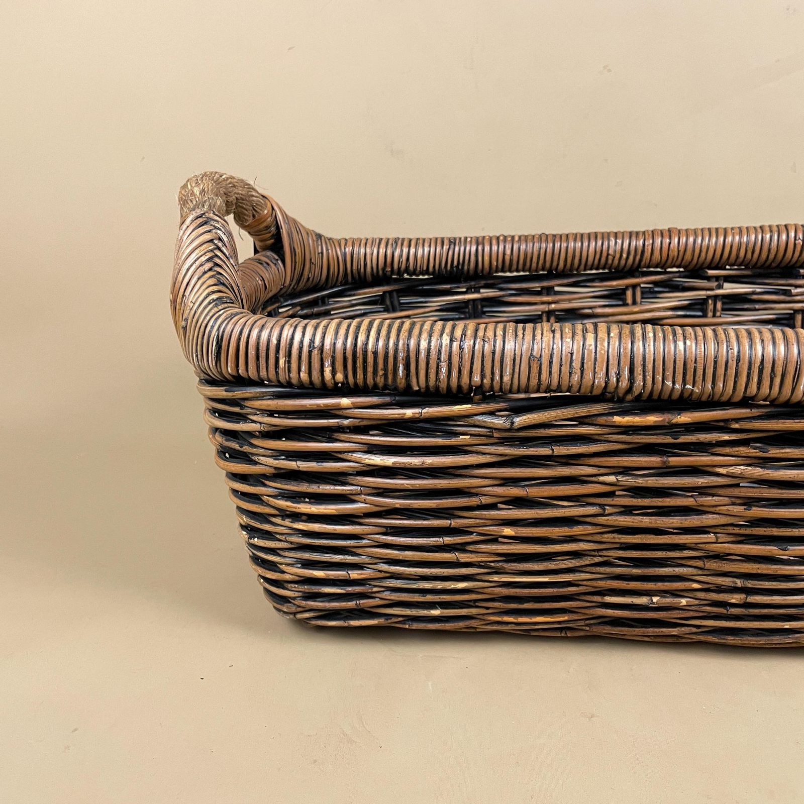 Vintage Oval Basket Woven Wicker Rope Handles Narrow Long Log Storage Display Cottage Farmhouse Logs Wood Wooden Antique photo vinterior