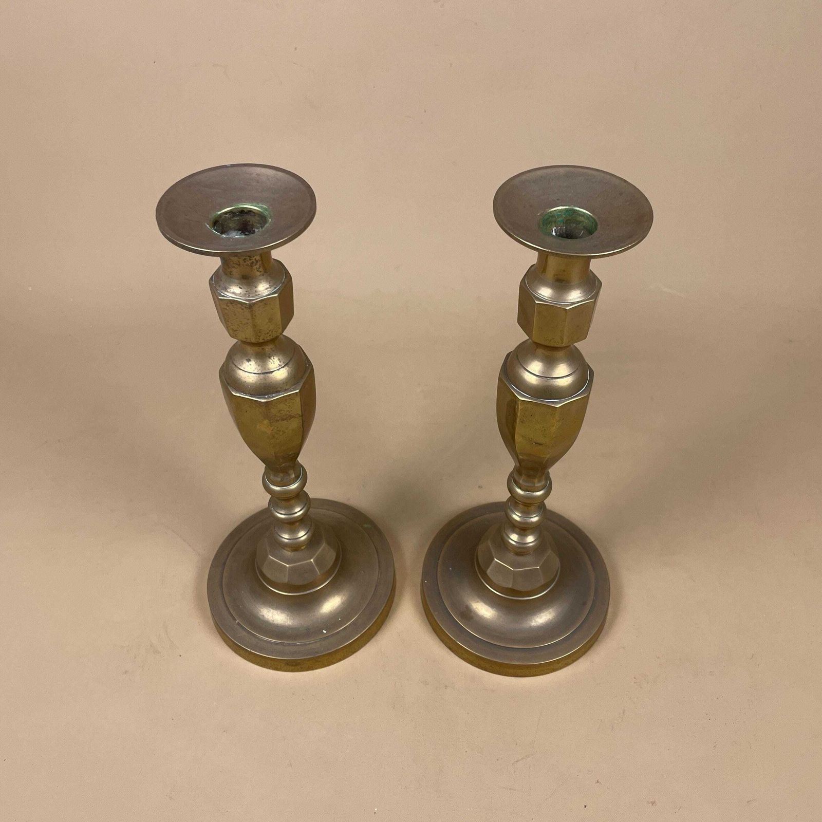 Antique Matching Pair Of Gold Brass Metal Candlestick Candle Stick Holder Vintage Column Taper Dinner Candlesticks Round Base Ornate photo Home Decor