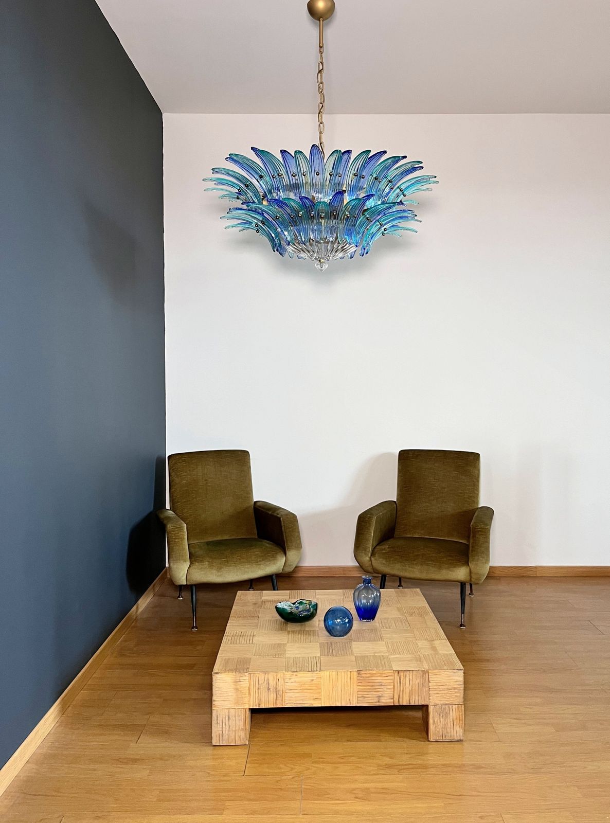 Murano Chandelier Original Palmette, Two Levels, 82 Blue And Turquoise Glasses Clear Glasses photo furniture