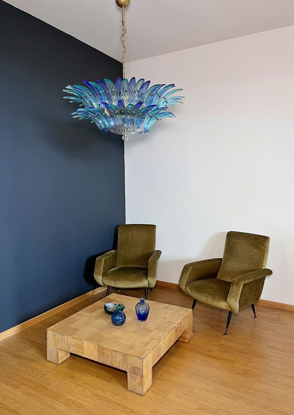 Murano Chandelier Original Palmette, Two Levels, 82 Blue And Turquoise Glasses Clear Glasses photo for sale