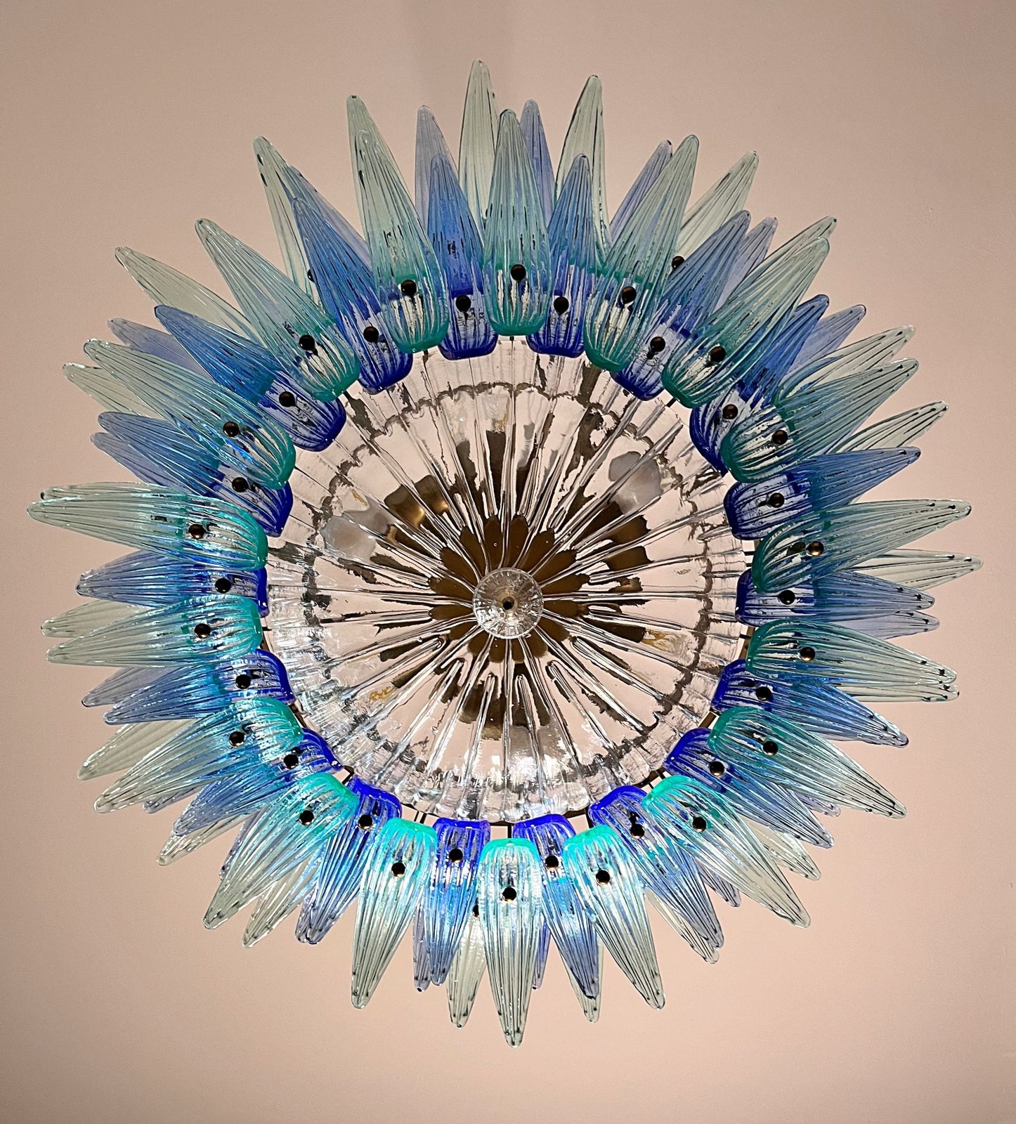 photo vinterior Murano Chandelier Original Palmette, Two Levels, 82 Blue And Turquoise Glasses Clear Glasses