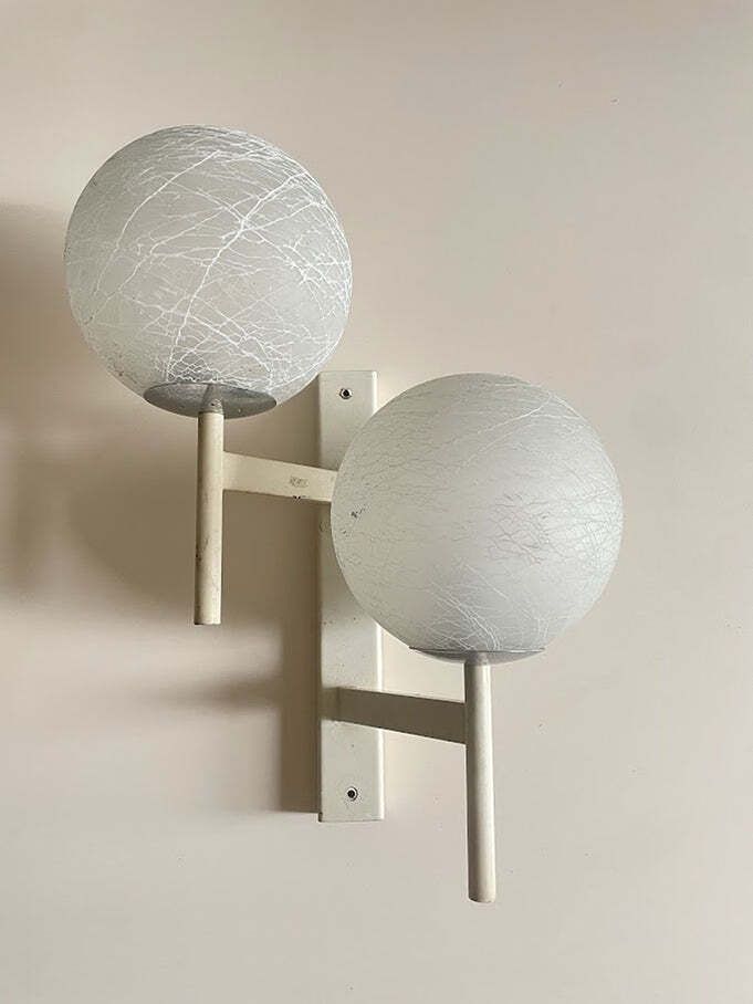 Mid Century Modern Double Globe Wall Sconce With Crackle Opaline Glass, Swiss 1960s photo for sale