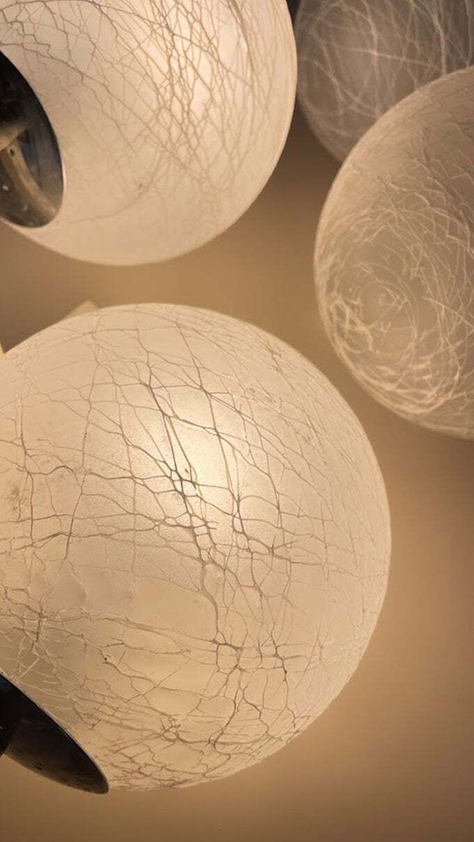 Mid Century Modern Double Globe Wall Sconce With Crackle Opaline Glass, Swiss 1960s photo vinterior
