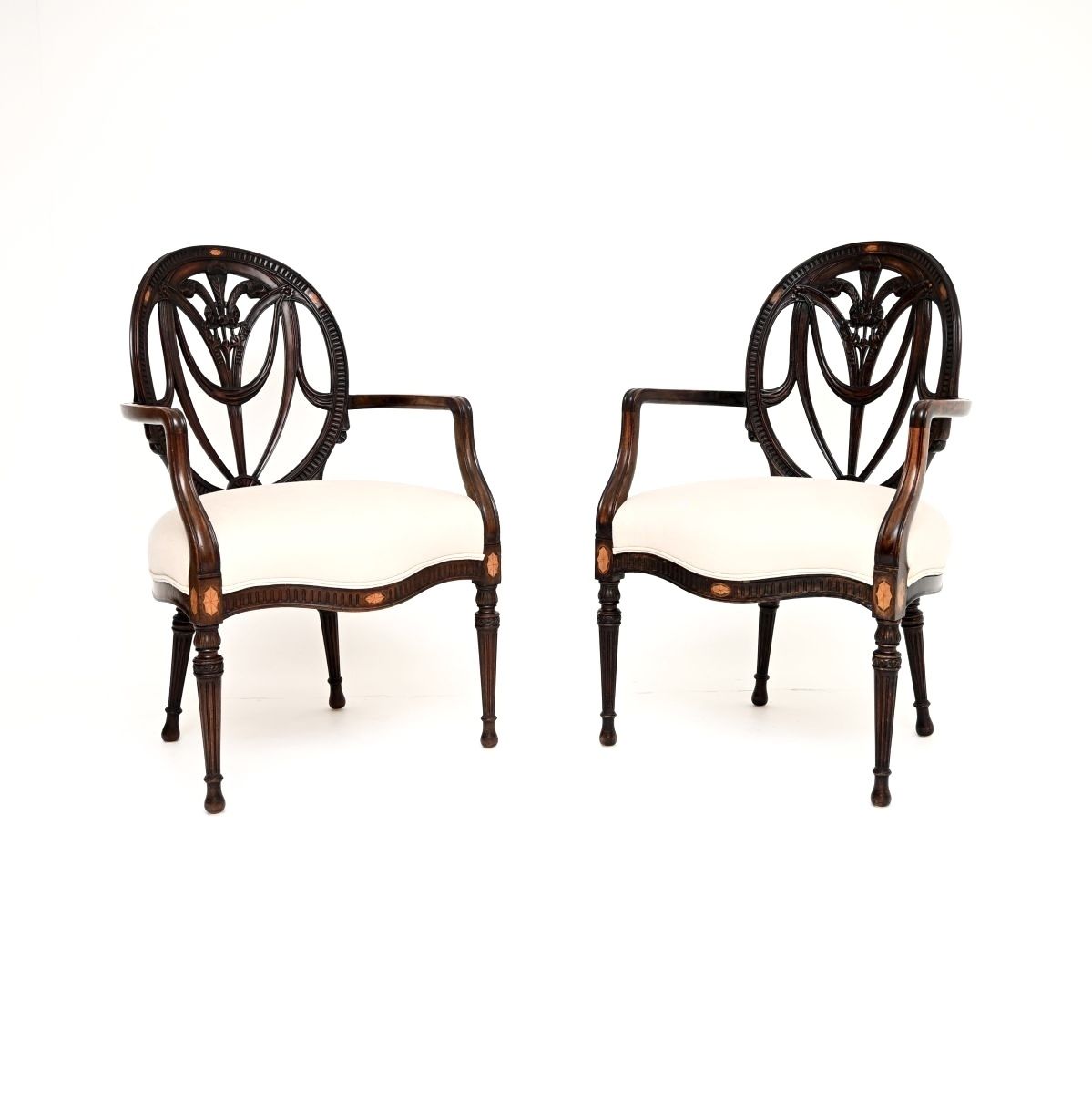 Pair Of Antique Edwardian Inlaid Mahogany Carver Armchairs