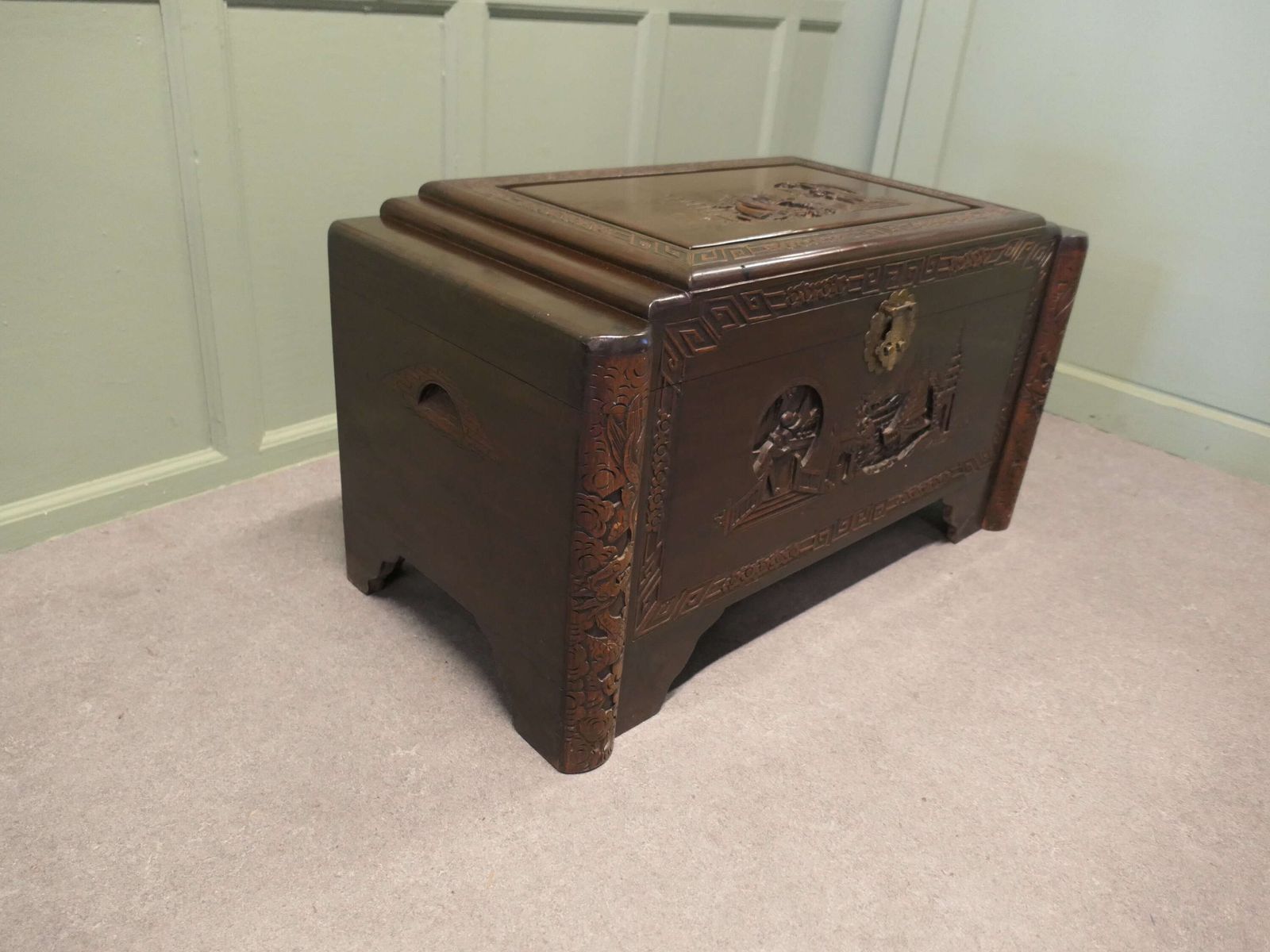 Art Deco Oriental Carved Dark Camphor Wood Chest photo Home Decor
