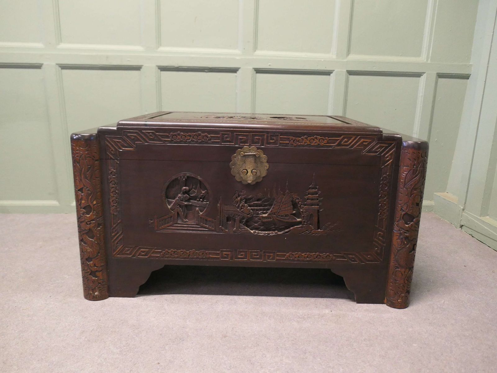 Art Deco Oriental Carved Dark Camphor Wood Chest photo vinterior