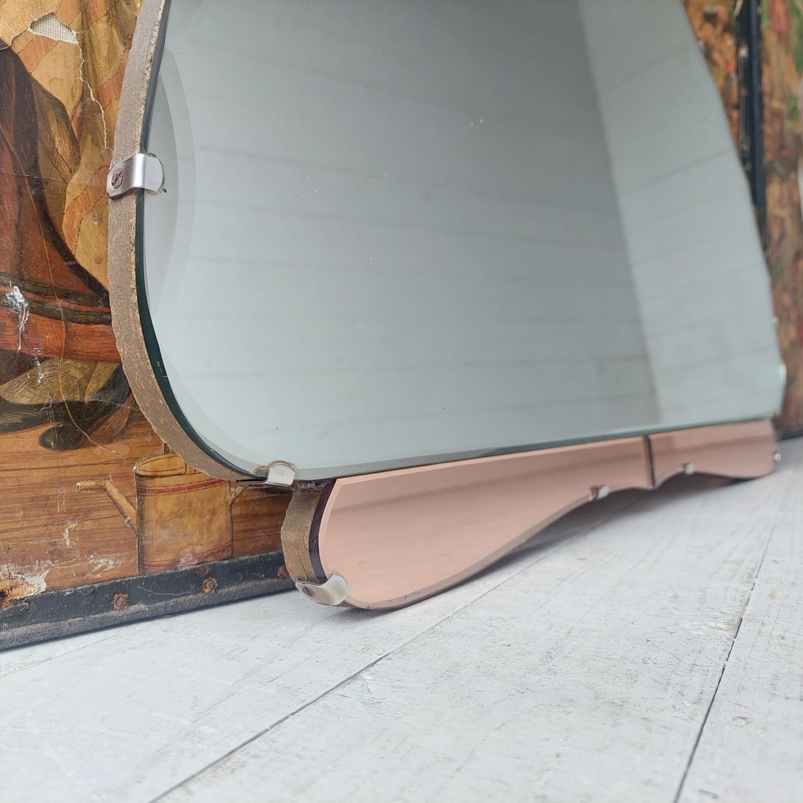 Art Deco Wall Mirror Eclectic Beveled Peach Coloured Glass Panels Original Backing Chain C1920s 30s photo vintage