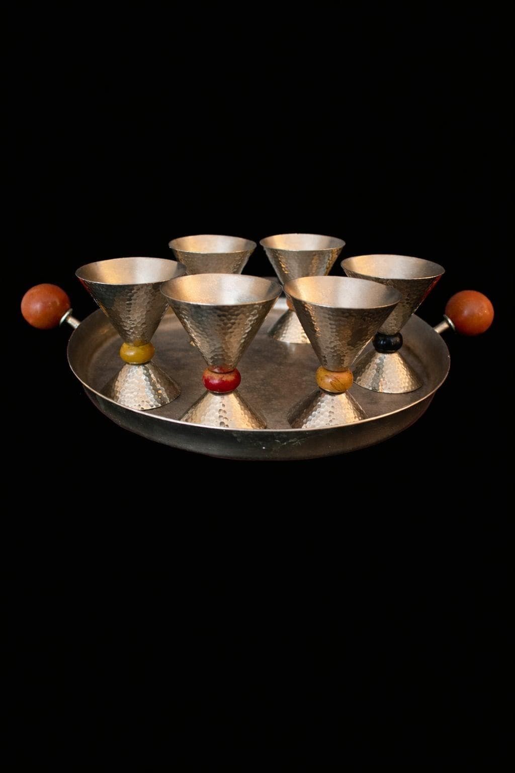 Vintage Memphis Style Liquor Set – Hammered Matte Steel Tray With 6 Cups – Germany 1980s