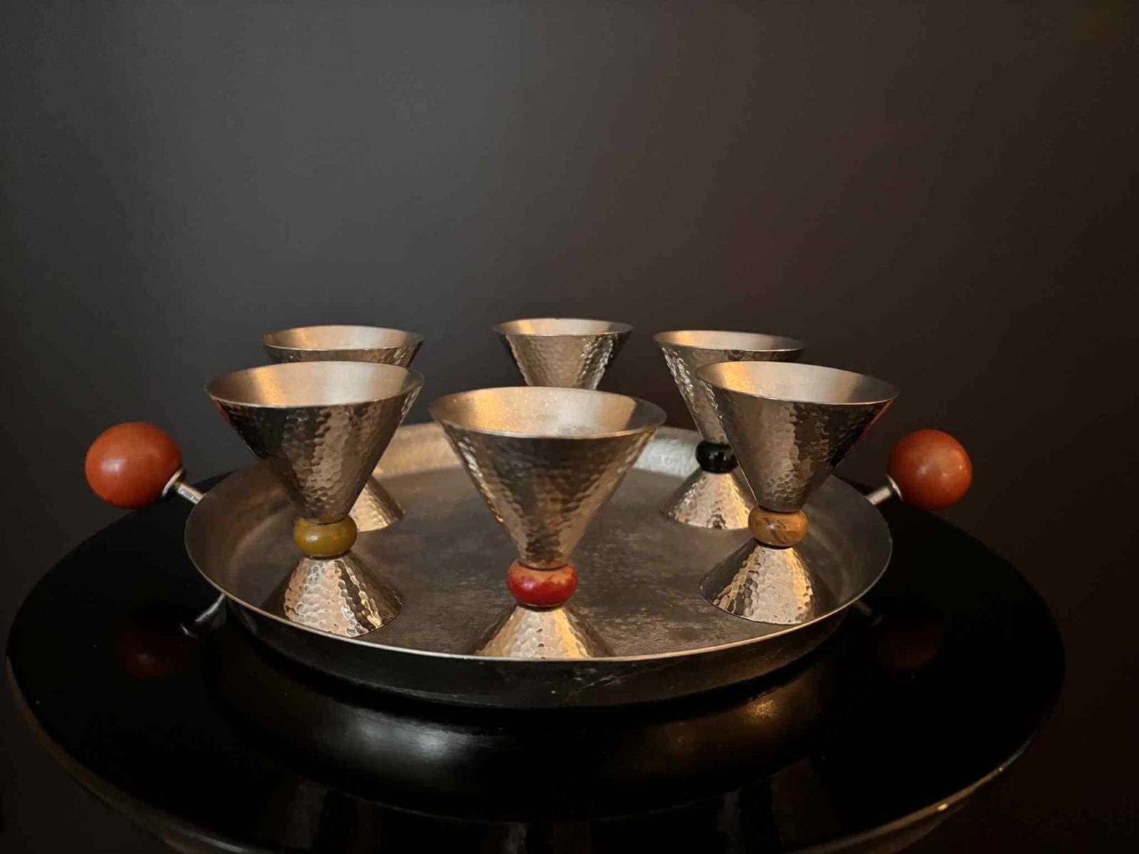 Home Decor Vintage Memphis Style Liquor Set – Hammered Matte Steel Tray With 6 Cups – Germany 1980s photo