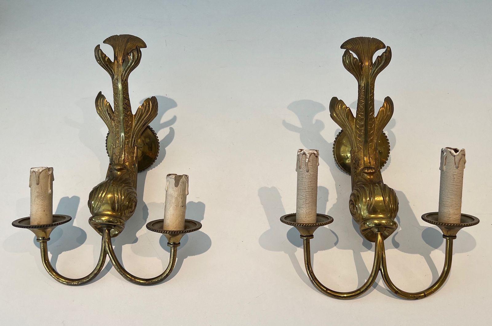 Pair Of Bronze Dolphin Wall Sconces By Maison Jansen