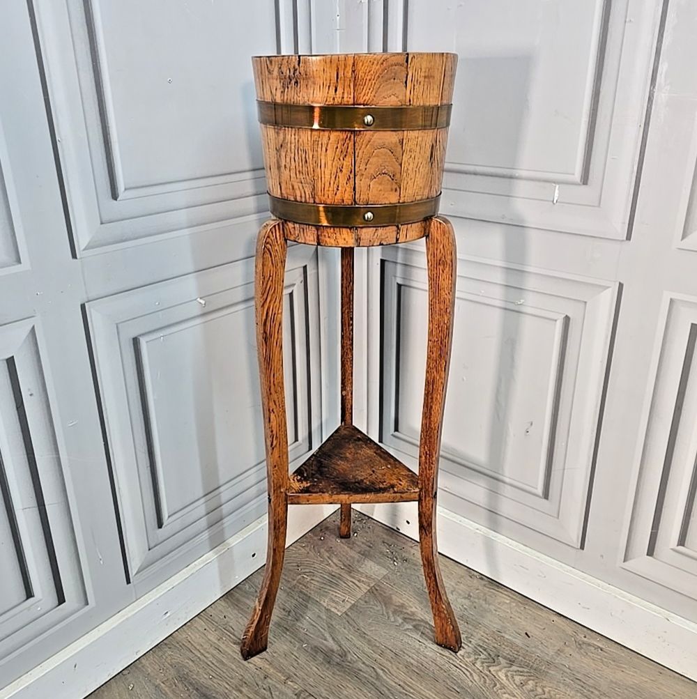 Antique Jardiniere Plant Stand Oak Barrel Planter Edwardian R A Lister & Co