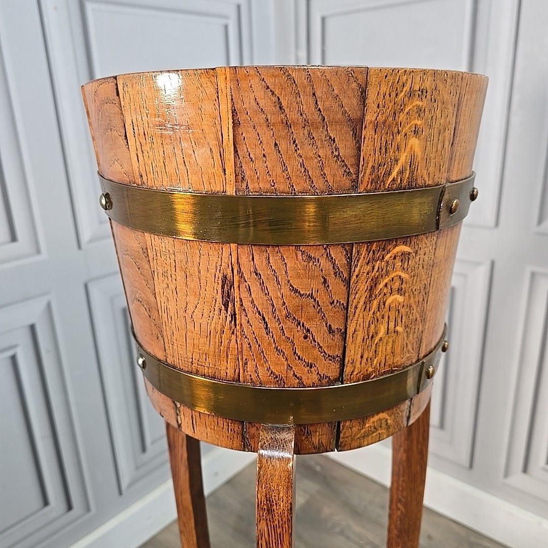 photo for sale Antique Jardiniere Plant Stand Oak Barrel Planter Edwardian R A Lister & Co